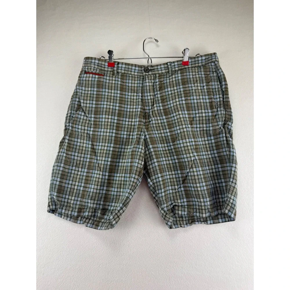 Tommy Bahama Plaid Shorts Mens 34 Green Linen Tencel‎ Blend Casual Summer